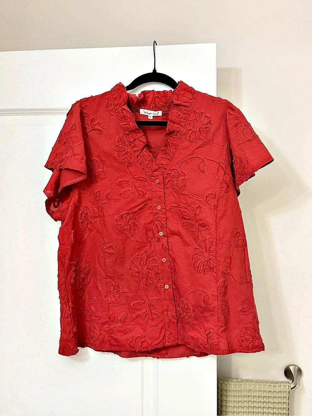 Indigo Soul Floral Ruffle Sleeve Blouse Red Size 2XL